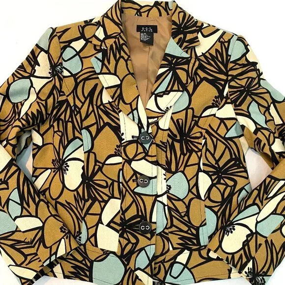 R.Q.T. OASIS Women's 8 Petite linen blend blazer blue black tan wearable art - Picture 2 of 10